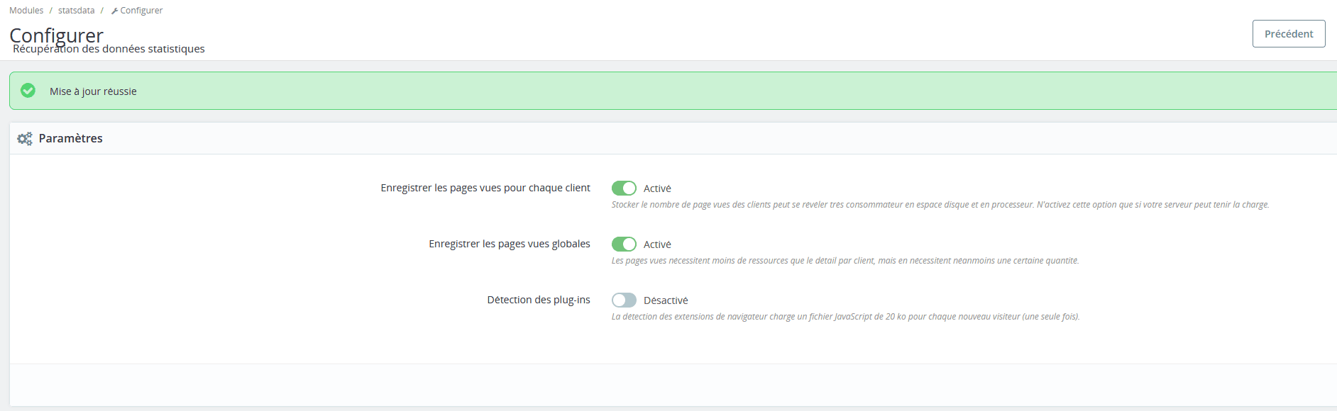 Configurer Récupération des données statistiques