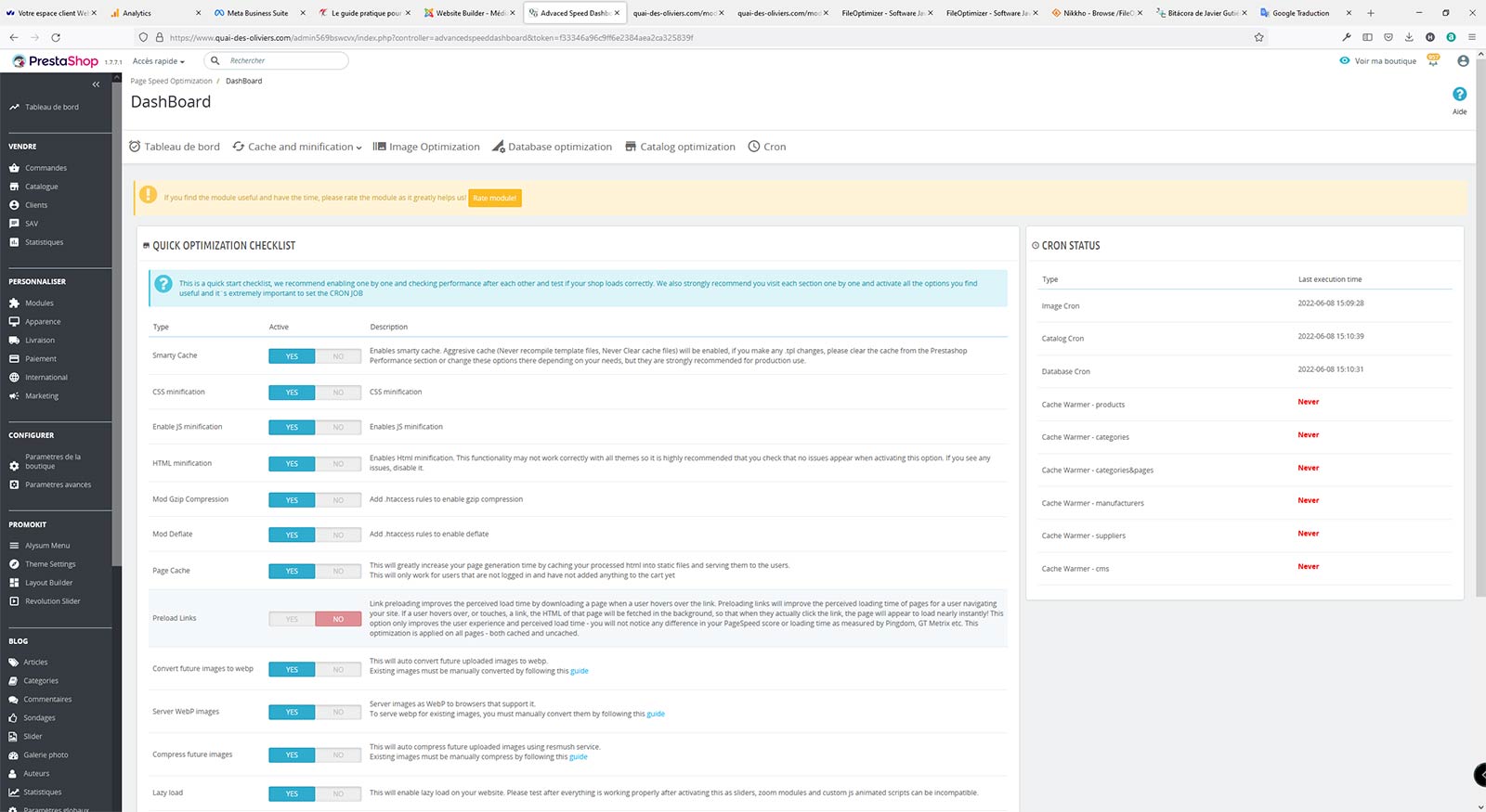 Tableau de bord du module d'optimisation pour Prestashop Page Speed Optimization