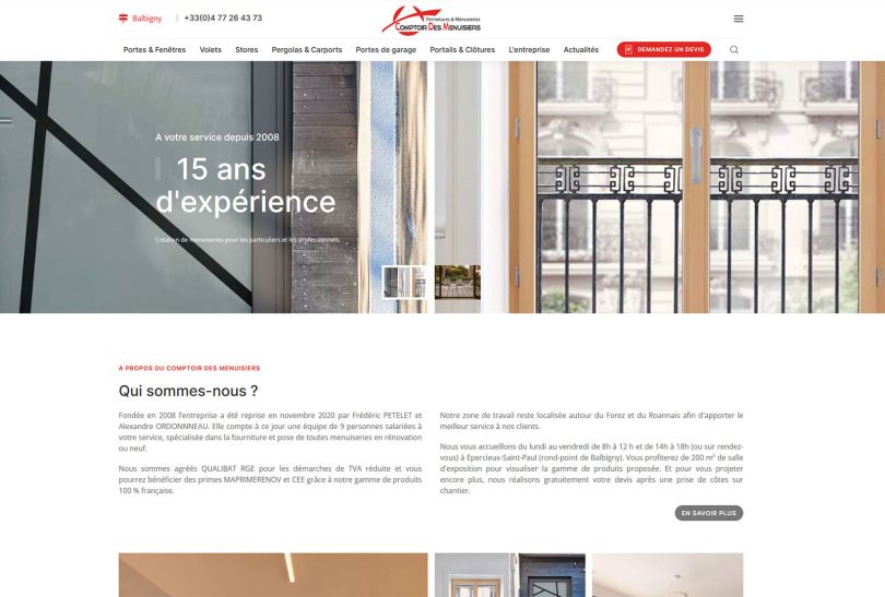 Création d'un site Joomla pour le client Comptoire des Menuisiers à Epercieux St Paul spécialisé dans la pose de fenêtres, portes, huisseries, pergolas, etc.,