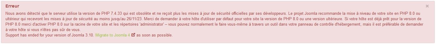 Erreur Joomla indiquant la migration a effectuer pour passer de Joomla 3.X à Joomla 4.X dernière version.