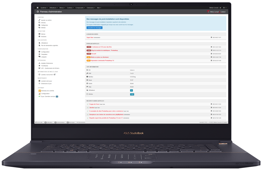 Backoffice du CMS Joomla pour la gestion d'un site facile d'accès et simple d'utilisation