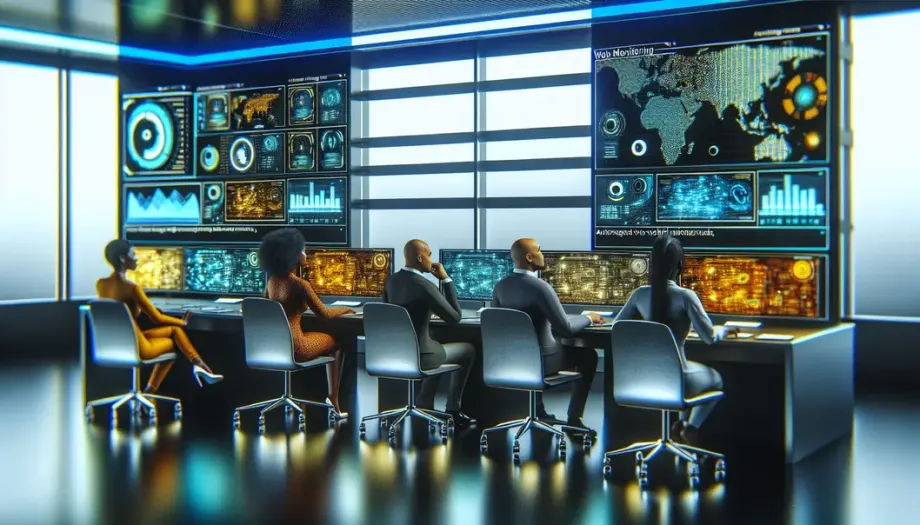 Espace de bureau moderne avec des personnes analysant des données de surveillance web automatisée.