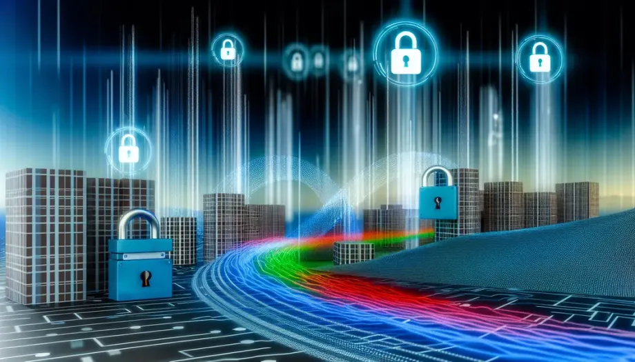 A digital landscape showing AI securing personal data with locks and encrypted streams.