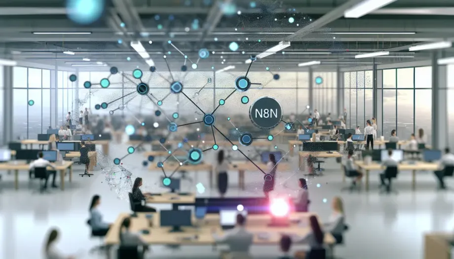 Digital nodes in an office, symbolizing n8n's role in business transformation.