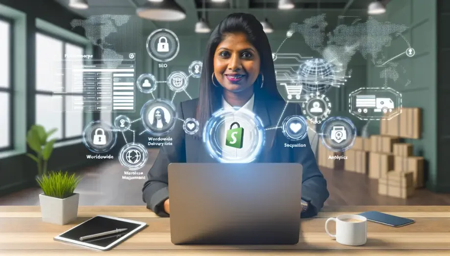 Un entrepreneur lançant un site Shopify, entouré d'outils marketing, de diagrammes logistiques et de configurations sécurisées.