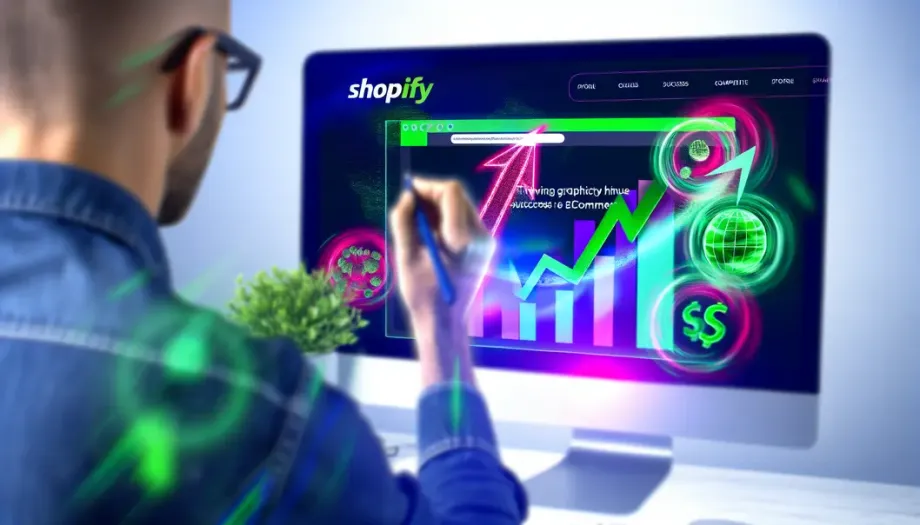 Vue artistique d'un graphiste travaillant sur un site Shopify, illustrant l'optimisation et la croissance.