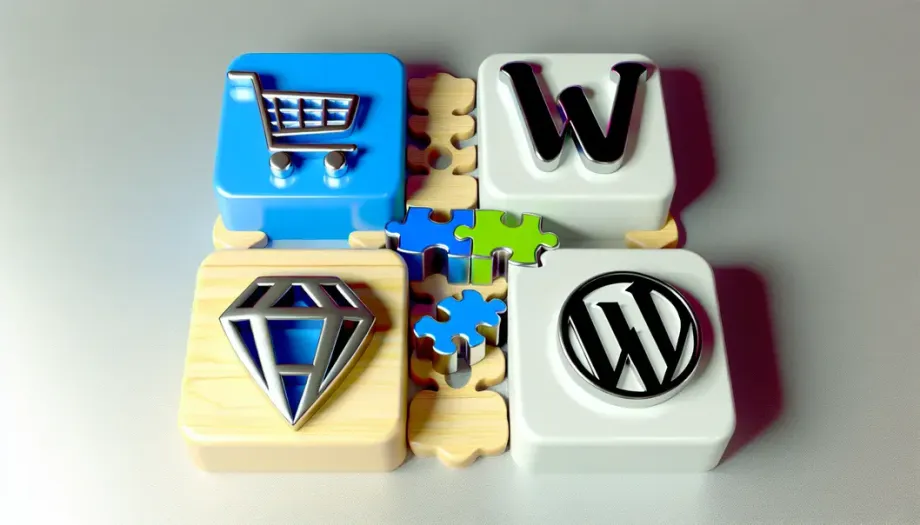 Illustration numérique des logos Shopify, WooCommerce, PrestaShop et Wix symbolisant la sélection de la plateforme.