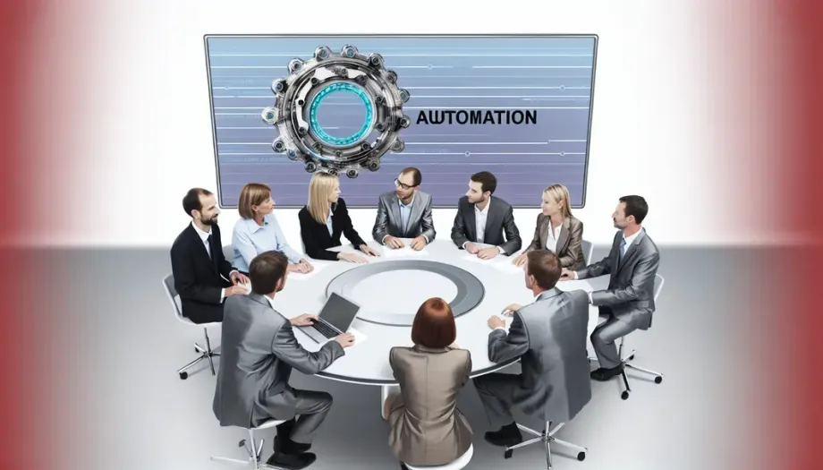 Des professionnels discutant autour d'une table avec un écran montrant des solutions automatisées.