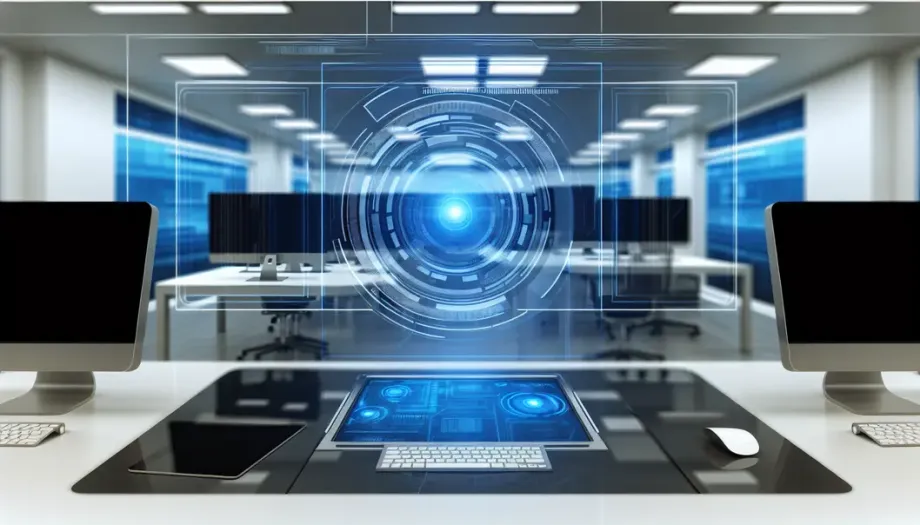 Bureau futuriste illustrant l'efficacité et l'innovation des workflows modernes grâce à l'IA.