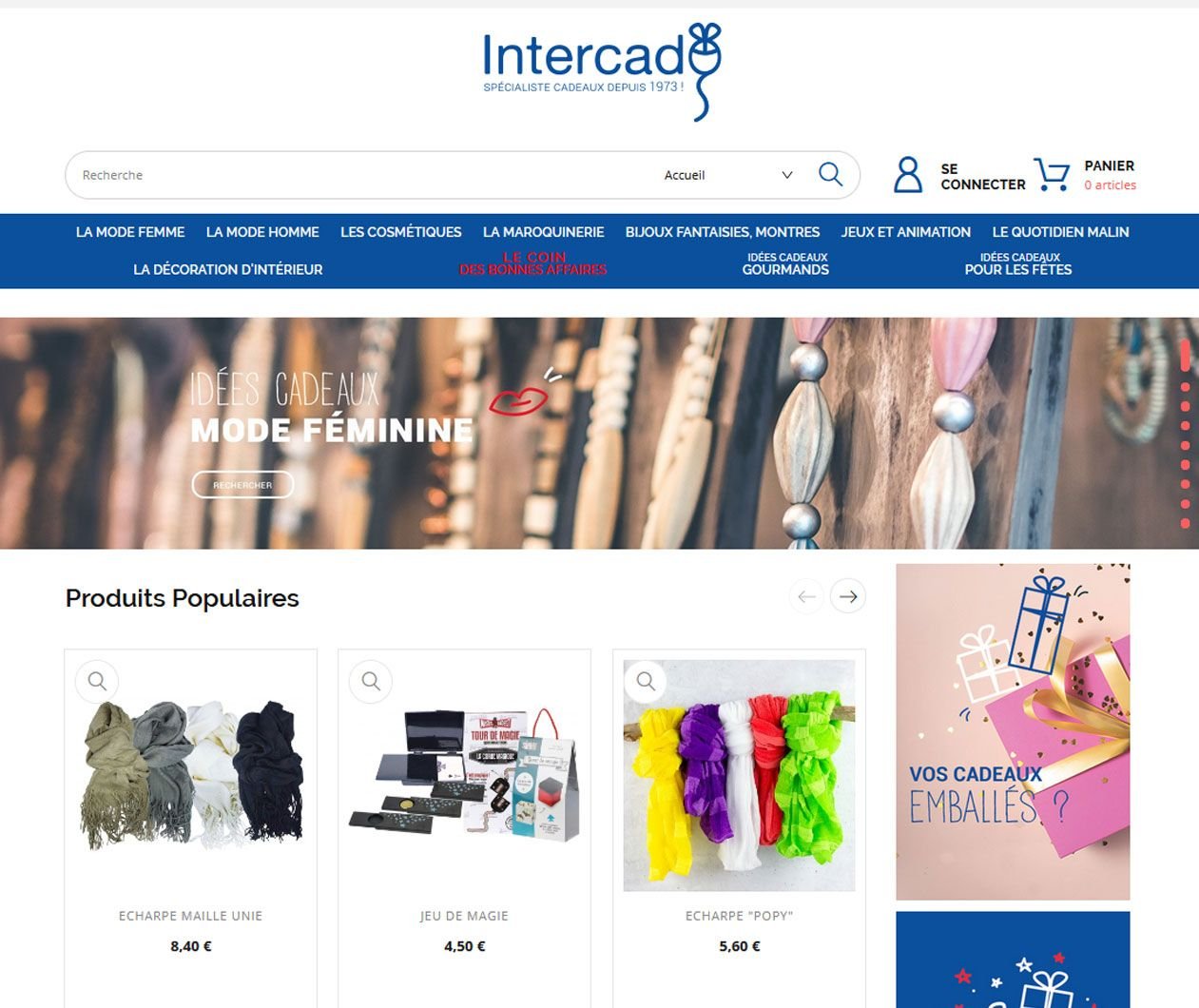 Création de site Prestashop Intercad pour les Pros - Des idées cadeaux pour hommes et femmes, bijoux, accessoires, cosmétiques, maroquinerie.