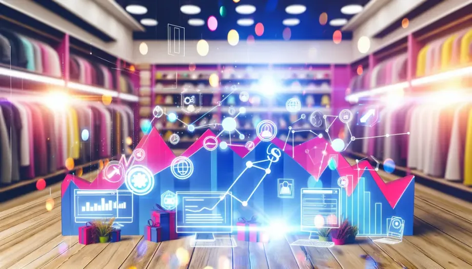 Interface de boutique Shopify animée avec graphiques symbolisant l'optimisation SEO.