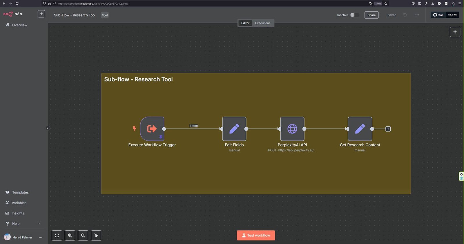 Exemple d'un sous-workflow pour générer des contenus depuis Perplexity