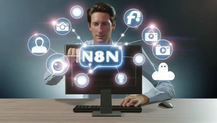 Propriétaire d’une entreprise configurant un workflow n8n sur un ordinateur, entouré d'icônes de réseaux sociaux.