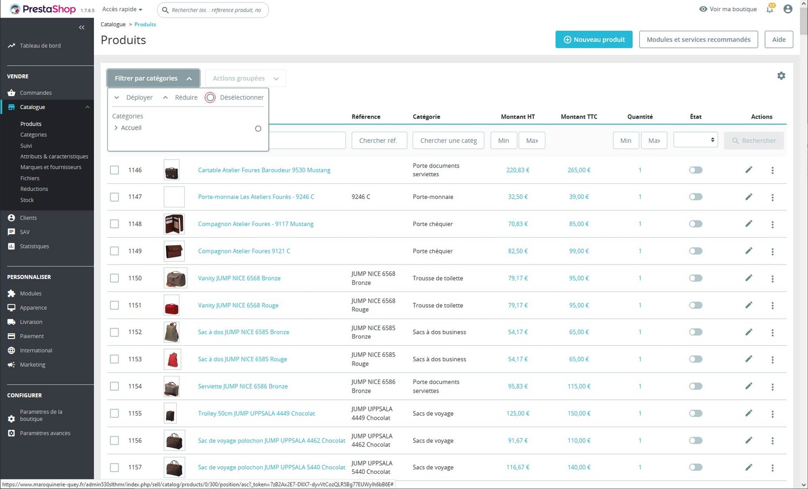 Désactivation ou désélection d'un filtre de tri d'une catégorie PrestaShop 1.7.X