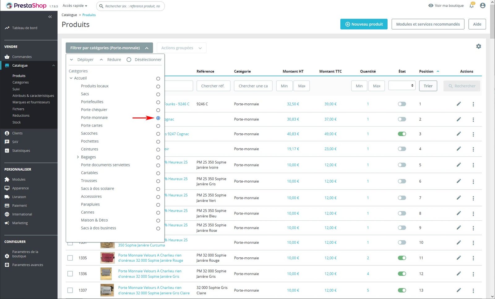 Sélection d'une catégorie de produits dans PrestaShop 1.7.X