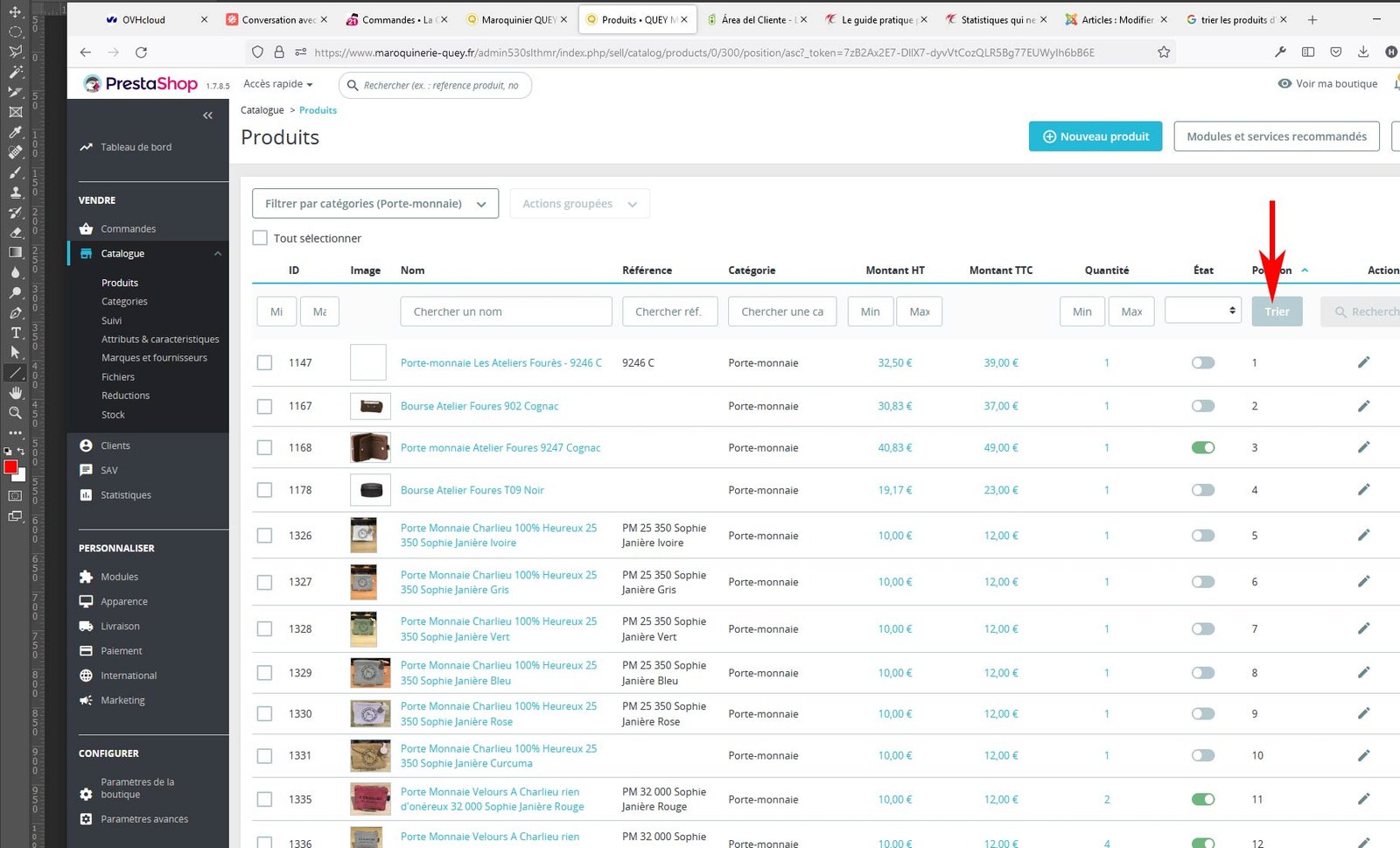 Affichage du bouton Trier pour organiser le tri de vos produits dans la catégorie sur PrestaShop 1.7.X