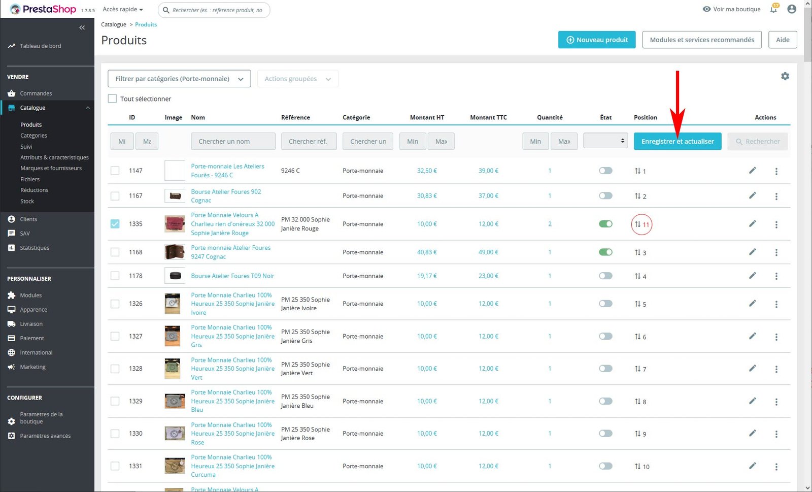 Enregistrement des positions produits dans une catégorie PrestaShop 1.7.X