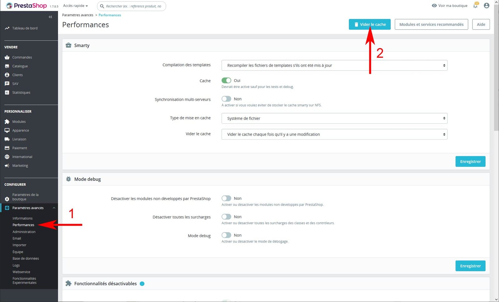 Vider le cache de votre site PrestaShop 1.7.X