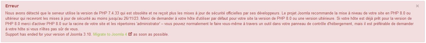 Erreur Joomla indiquant la migration a effectuer pour passer de Joomla 3.X à Joomla 4.X dernière version.