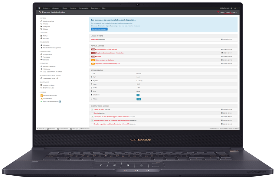 Backoffice du CMS Joomla pour la gestion d'un site facile d'accès et simple d'utilisation