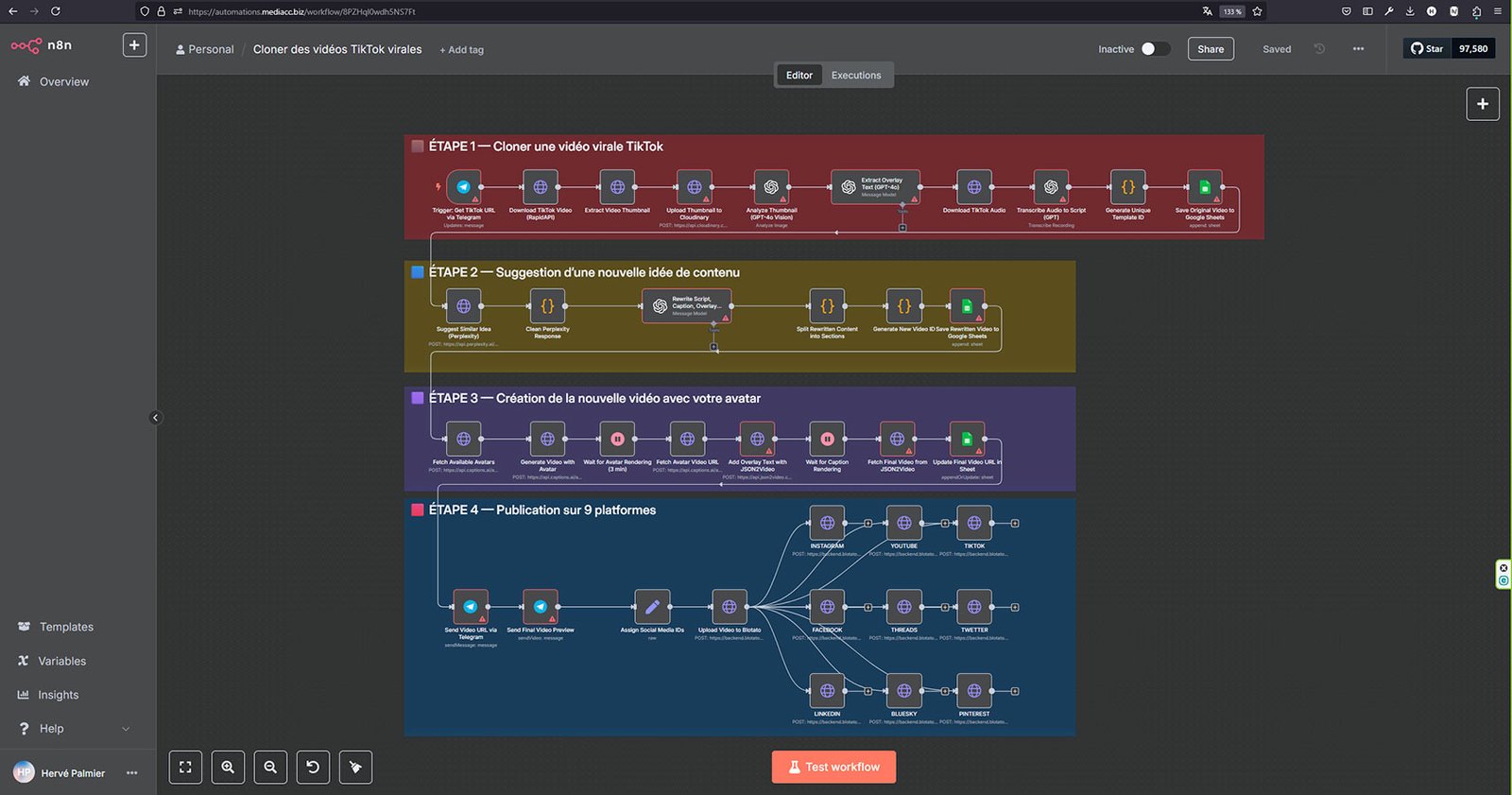 Workflow n8n création d'une vidéo virale depuis TikTok en automatique