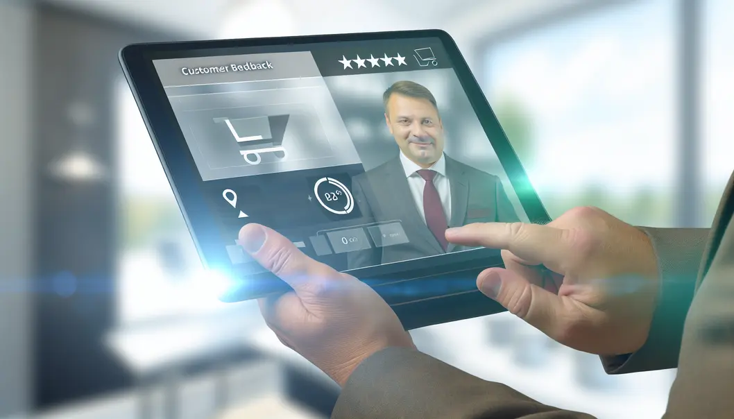 Un entrepreneur utilisant des outils en ligne pour gérer les avis clients.