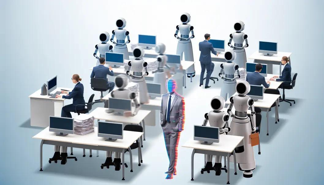 Des robots automatisant les tâches de bureau pour illustrer la réduction des coûts.
