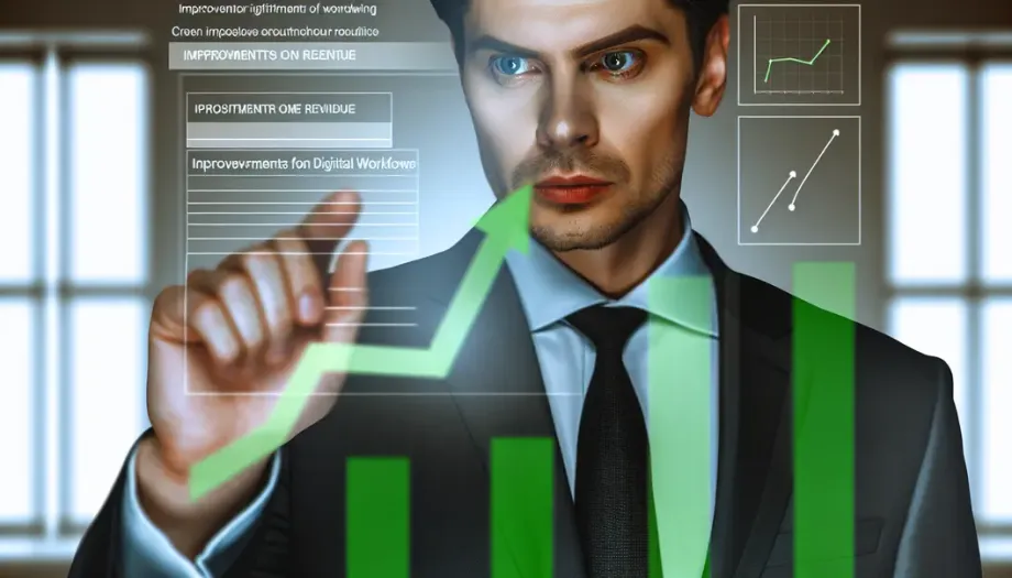 Un entrepreneur analysant les améliorations des workflows sur un tableau de bord numérique.