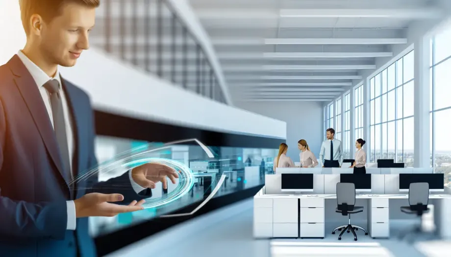 Espace de bureau moderne avec des employés utilisant la technologie d'automatisation n8n pour des workflows sans papier.