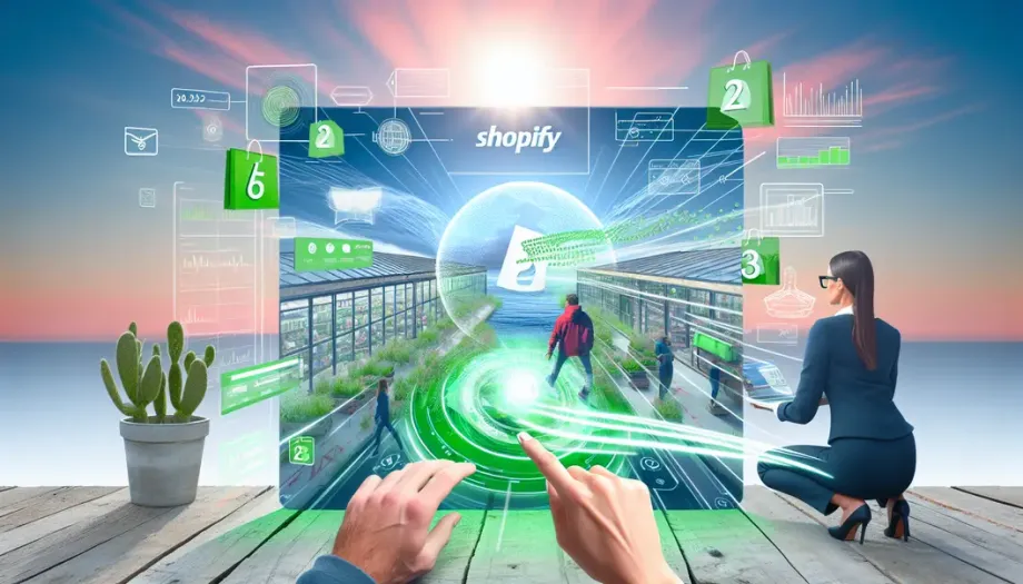 Image de couverture montrant un marché futuriste de e-commerce et les visuels de croissance associés à Shopify.