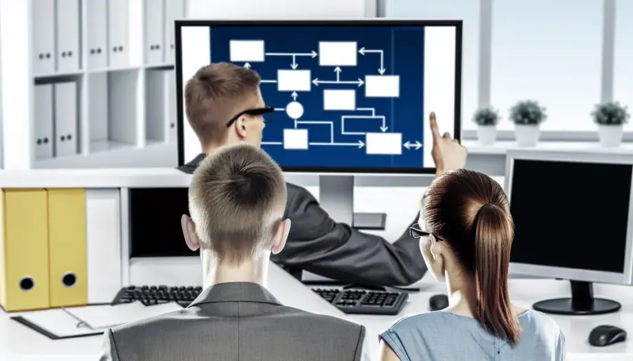 Écran d'ordinateur affichant un diagramme BPMN dans un cadre professionnel.