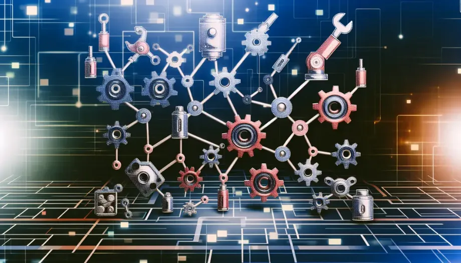 Image illustrant des outils interconnectés sur un fond digital symbolisant l'automatisation.
