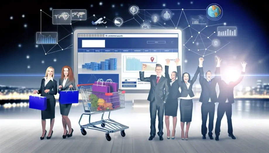 Futuristic depiction of a successful e-commerce launch with digital interfaces and analytics.