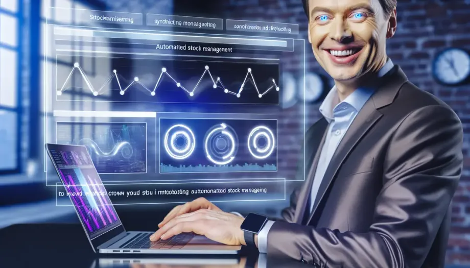 Image d'un entrepreneur consultant un tableau de bord numérique pour la gestion automatisée des stocks avec n8n.