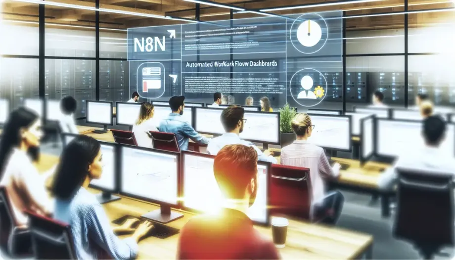 Office with employees using n8n automation dashboards for enhanced efficiency.
