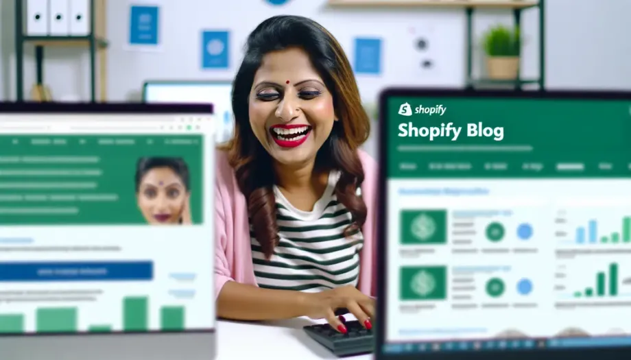 Photo of a store owner reviewing Shopify blog analytics on multiple screens with a delighted expression.