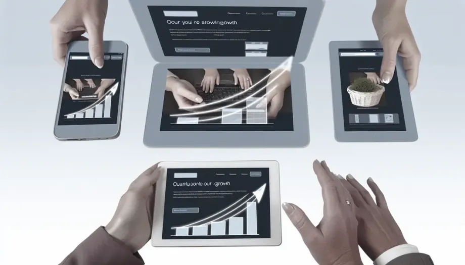 An e-commerce interface shown across several devices with growth symbols.