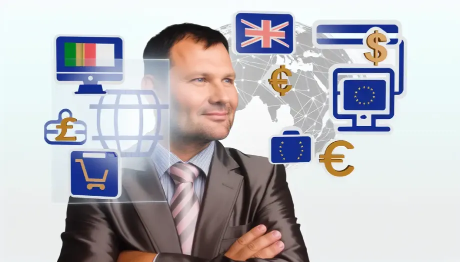 Propriétaire de boutique en ligne réussie entouré d'éléments numériques symbolisant la conversion monétaire et la traduction.