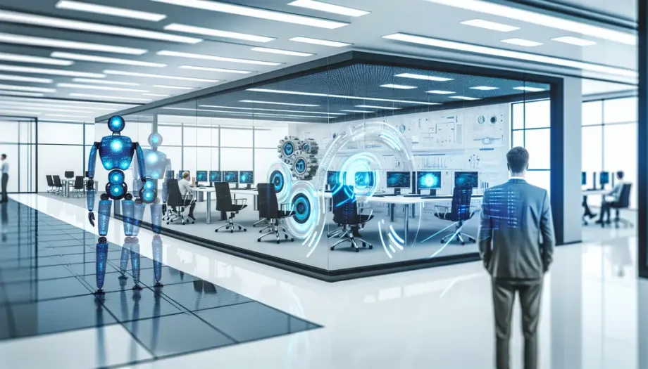 Bureau futuriste avec éléments automatisés, soulignant l'importance de l'automatisation.