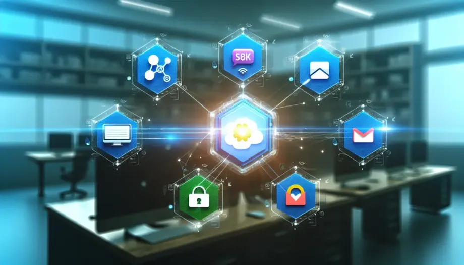 Un espace de travail digital futuriste montrant l'intégration fluide de Slack, Notion et Gmail via n8n.