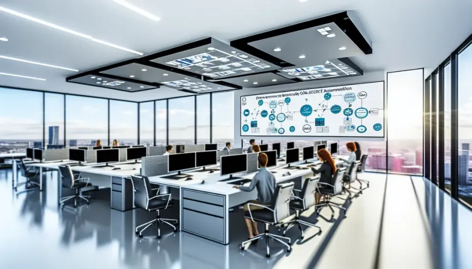 Modern office environment where employees effectively use n8n workflows to automate tasks.