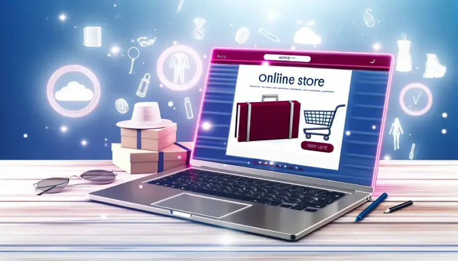 Illustration d'une boutique en ligne à succès sur un ordinateur portable, avec des éléments de la mode.