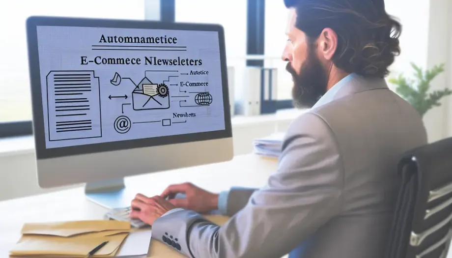 Environnement de bureau moderne avec gestion des newsletters e-commerce sur ordinateur via n8n.