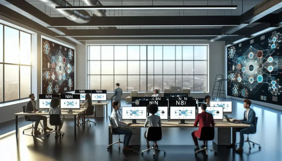 Bureau moderne avec outils de technologie montrant des diagrammes de n8n sur les écrans.