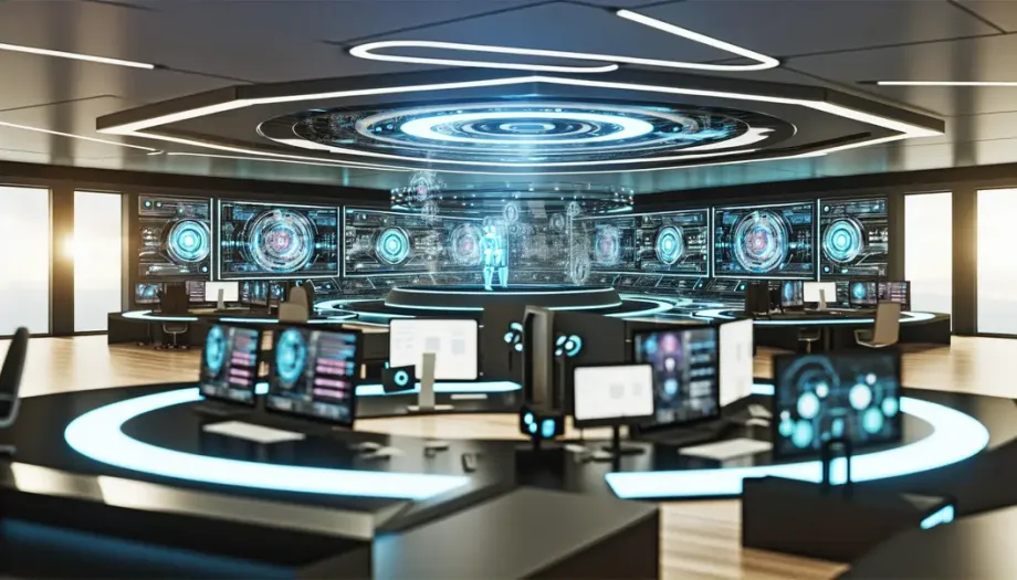 Un bureau moderne avec des hologrammes et des outils numériques facilitant la prise de décision.