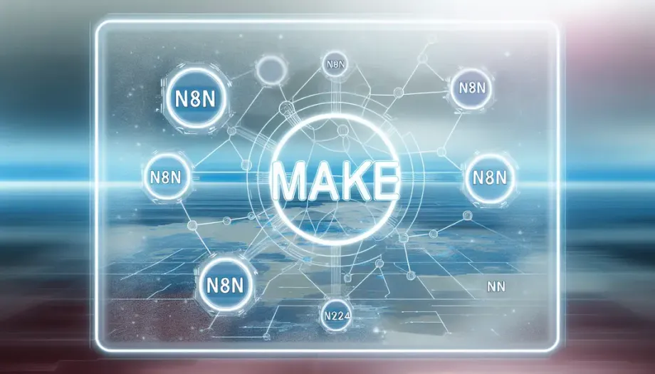 Illustration symbolisant l'intégration fluide d'applications entre n8n et Make avec des flux de données interconnectés.