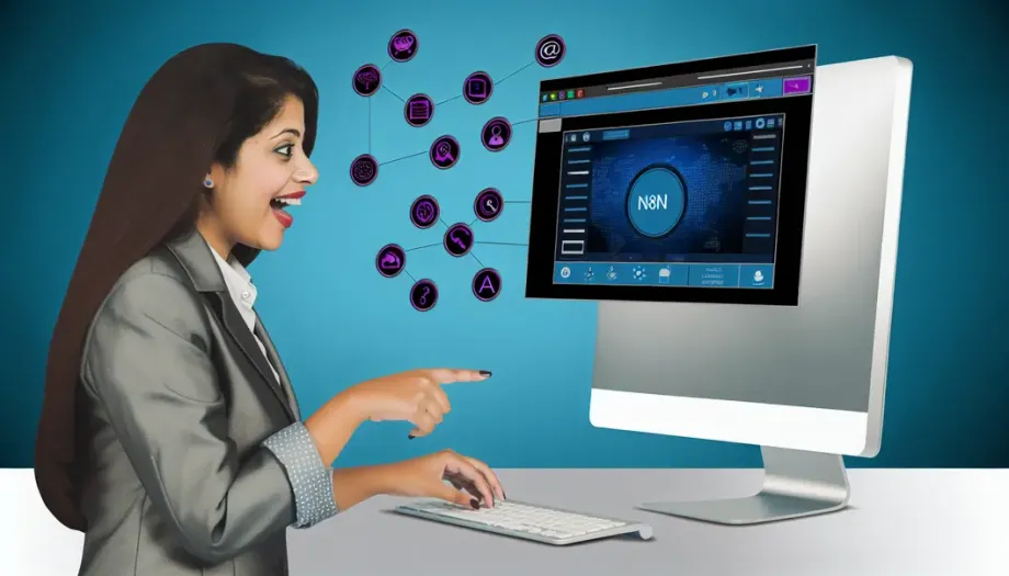 Entrepreneur enthousiaste utilisant n8n sur ordinateur avec icônes de tâches automatisées.