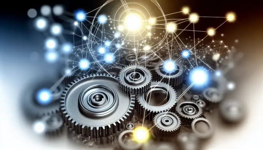 Photorealistic display of interconnected gears and nodes symbolizing marketing automation with n8n.