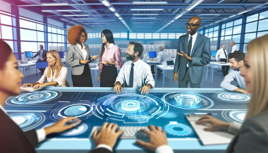 Espace de travail futuriste avec des professionnels collaborant sur des processus automatisés et documentés.