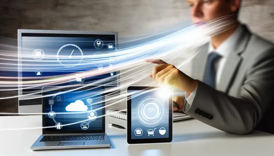 Smartphone, tablette et ordinateur portable connectés par des flux d'information pour automatisation multicanal.